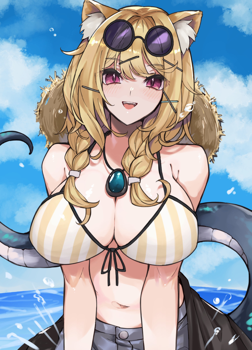 1girl :d absurdres animal_ear_fluff animal_ears arknights bare_shoulders bikini bikini_top_only blonde_hair blue_sky blush braid breasts brothercoral cleavage day eyewear_on_head hair_ornament hairclip hat hat_on_back highres jewelry large_breasts long_hair looking_at_viewer navel necklace official_alternate_costume open_mouth outdoors purple_eyes round_eyewear sky smile solo straw_hat striped striped_bikini sunglasses swimsuit tail teeth twin_braids upper_body upper_teeth_only utage_(arknights) utage_(summer_flowers)_(arknights) vertical-striped_bikini vertical_stripes water x_hair_ornament yellow_bikini