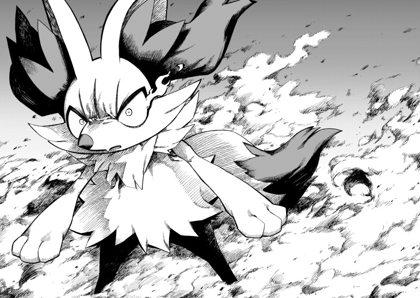 2023 3_fingers after_transformation anthro biped black_and_white braixen comic digital_drawing_(artwork) digital_media_(artwork) dipstick_tail fingers fur fur_tuft generation_6_pokemon hi_res inner_ear_fluff lir_(icma) makotoo manga markings monochrome nintendo open_mouth pmd:_icma pokemon pokemon_(species) pokemon_mystery_dungeon shadow smoke solo tail tail_markings tuft