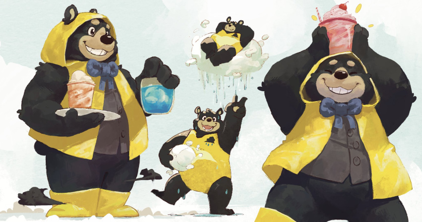 2023 anthro bear bernie_burr biped black_body black_fur black_nose bow_tie breeze_in_the_clouds clothing cloud coat eyes_closed fur hi_res male mammal nimbo_(breeze_in_the_clouds) raincoat simple_background sitting slightly_chubby solo topwear