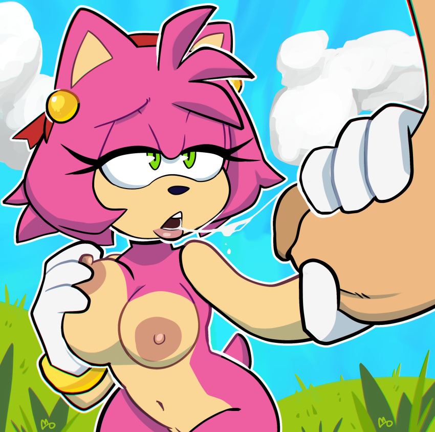 2023 absurd_res amy_rose anthro bodily_fluids breasts clothing duo eulipotyphlan faceless_character faceless_male female female_focus genitals gloves gloves_only green_eyes hand_on_breast handjob handwear handwear_only hedgehog hi_res humanoid_genitalia humanoid_penis male male/female mammal monamania mostly_nude nipple_fetish nipple_play nipples outside penile penis pink_body saliva saliva_string sega sex solo_focus sonic_the_hedgehog_(series)