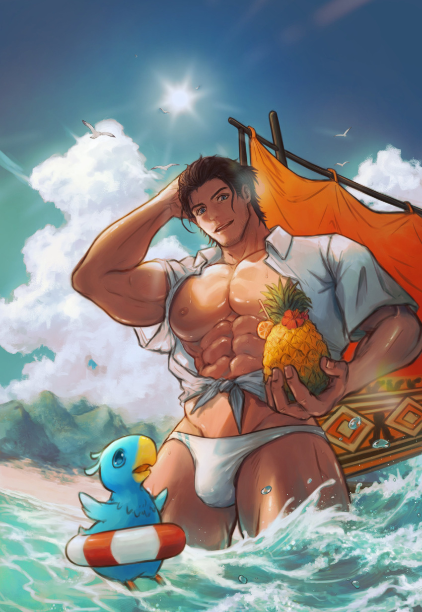 1boy abs absurdres adventurer_(ff14) bara beach black_hair blue_eyes bulge chocobo cloud collared_shirt day facial_hair final_fantasy final_fantasy_xiv final_fantasy_xiv_dawntrail food fruit highres holding holding_food holding_fruit hyur innertube large_pectorals male_focus male_swimwear mikomi_95 muscular muscular_male navel nipples open_clothes open_shirt outdoors partially_submerged pectorals pineapple shirt short_hair sky smile solo swim_briefs thick_thighs thighs warrior_of_light_(ff14) water white_male_swimwear white_shirt
