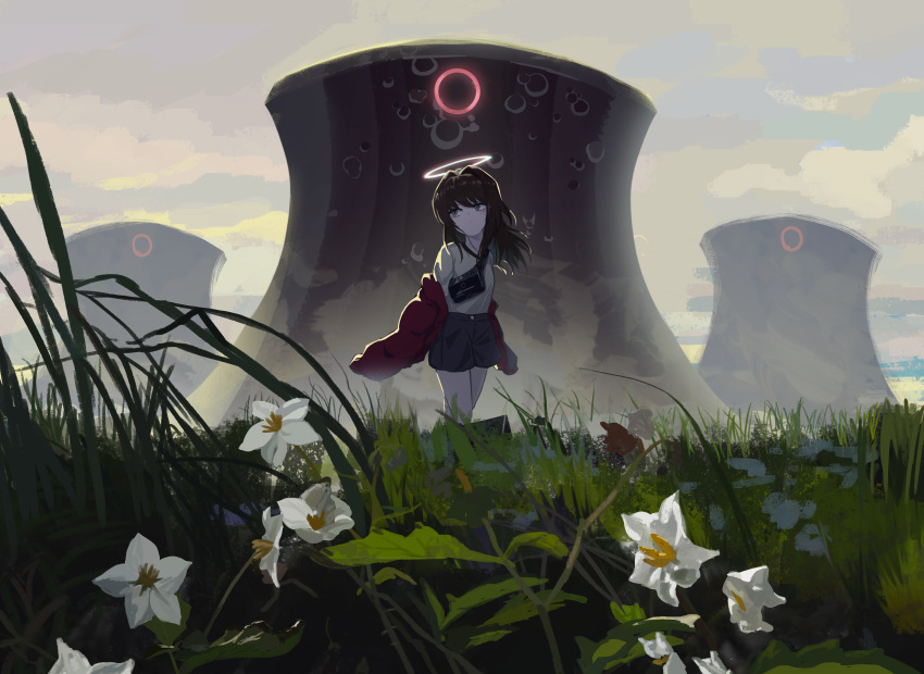 1girl absurdres arms_at_sides bag black_shorts blue_eyes brown_hair cloud cloudy_sky cooling_tower day field floating_hair flower grass hair_between_eyes halo highres jacket jacket_partially_removed kgt_(pixiv12957613) landscape legs_together long_hair long_sleeves monster nature off_shoulder original outdoors red_jacket scenery shirt shorts shoulder_bag sidelocks sky solo white_flower white_shirt