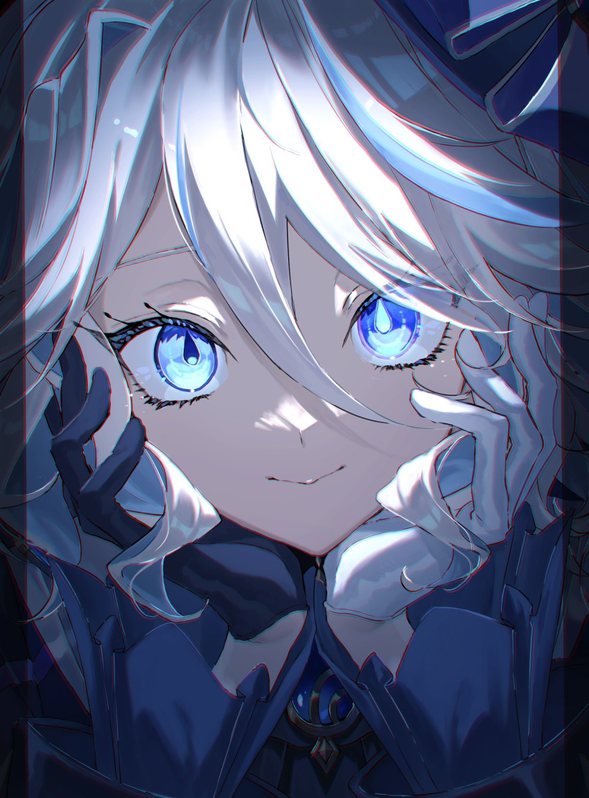 1girl asymmetrical_gloves black_gloves blue_eyes blue_gemstone blue_headwear brooch chromatic_aberration close-up closed_mouth frilled_sleeves frills furina_(genshin_impact) gem genshin_impact gloves hair_between_eyes hair_over_one_eye half_gloves hands_on_own_cheeks hands_on_own_face hanta_man3 highres jewelry looking_at_viewer mismatched_gloves mismatched_pupils multicolored_hair portrait smile solo straight-on streaked_hair transparent_border white_gloves white_hair