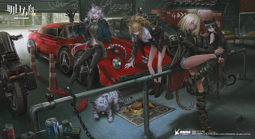 ahoge animal_ears arknights black_fur black_hair blonde_hair blue_eyes bowl brown_eyes cat_ears cat_girl cat_tail character_request closed_mouth dark-skinned_female dark_skin garage highres indoors indra_(arknights) infukun jacket lion_ears lion_girl looking_at_viewer motor_vehicle motorcycle official_art open_clothes open_jacket open_mouth pants pet_bowl shirt short_shorts shorts siege_(arknights) sitting smile standing striped_fur tail tiger tiger_ears tiger_girl tiger_tail waving white_fur white_hair white_shirt yellow_eyes