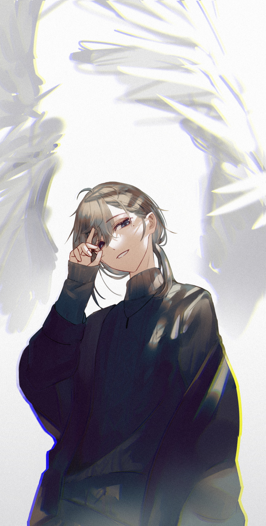 1boy absurdres angel angel_wings bishounen black_jacket brown_hair cable_knit doku_kobuko feathered_wings grey_sweater highres jacket kanae_(nijisanji) long_sleeves looking_at_viewer low_ponytail male_focus mole mole_under_eye nijisanji smile solo sweater teeth turtleneck turtleneck_sweater virtual_youtuber white_background wings