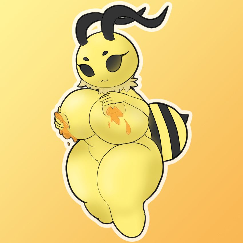 annabee_(woebeeme) anthro arthropod bee birthday_gift cat_smile chubby_female erect_nipples fan_character female food fur hi_res honey_(food) horn hymenopteran insect mrschllyay nipples nude short_stack simple_background solo yellow_body yellow_fur