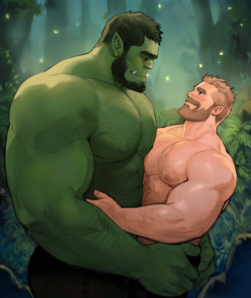 2boys abs absurdres arm_hair ass_grab bara beard blonde_hair blush brown_pants chest_hair colored_skin couple dopey_(dopq) eye_contact facial_hair fireflies forest green_skin hairy hand_on_another's_ass height_difference highres hug interspecies large_hands large_pectorals looking_at_another male_focus mature_male monster_boy multiple_boys muscular muscular_male nature nipples orc original pants pectoral_docking pectoral_press pectorals pointy_ears short_hair sideburns size_difference smile stomach topless_male tusks upper_body yaoi