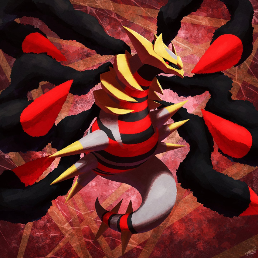 black_skin colored_skin commentary ewokakukaede giratina giratina_(origin) glowing glowing_eyes highres multicolored_skin no_humans pokemon pokemon_(creature) red_background red_eyes red_skin signature spikes tail wings