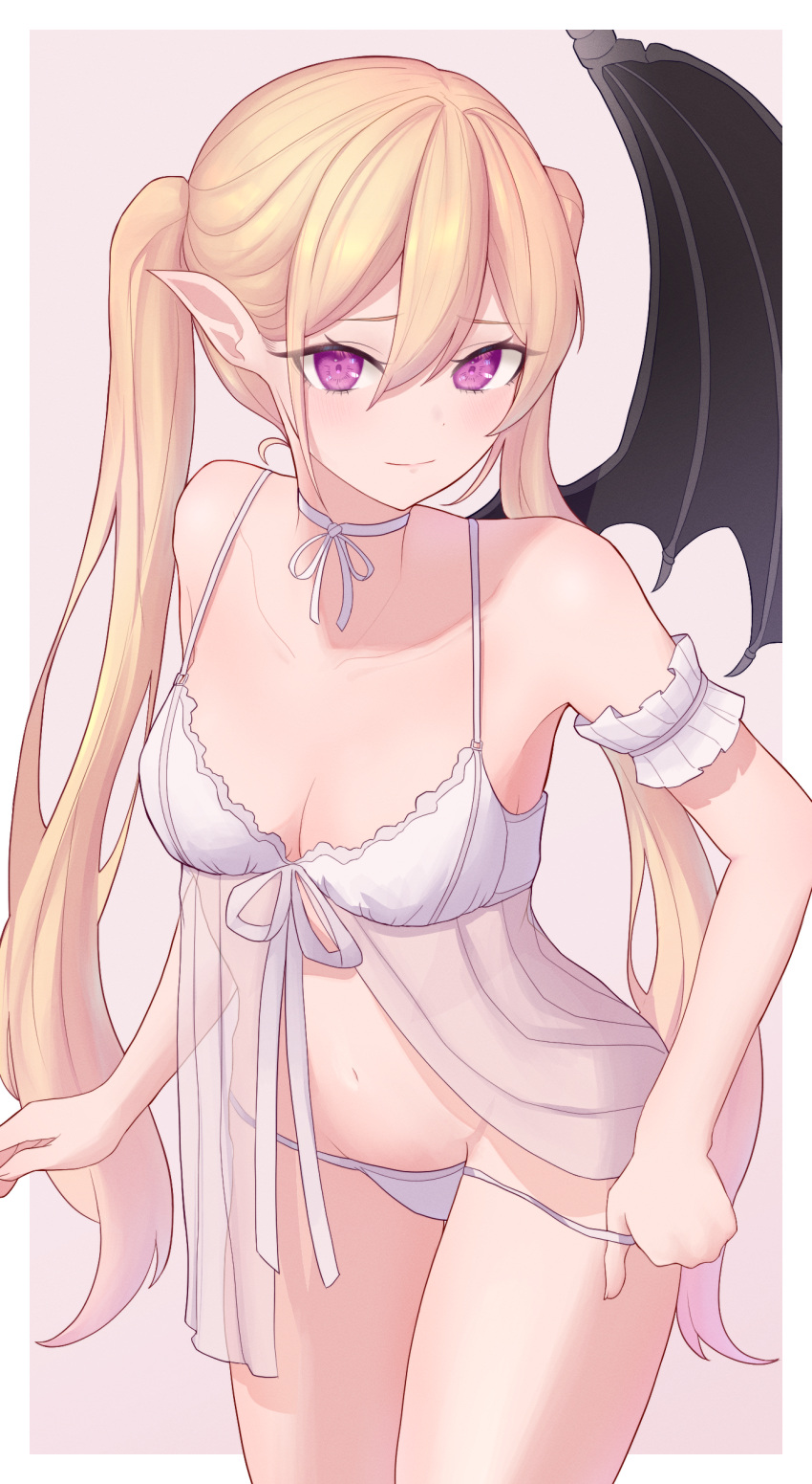 1girl absurdres arm_at_side armband babydoll baksangmin bare_shoulders blonde_hair breasts closed_mouth collarbone cowboy_shot demon_girl demon_wings frilled_armband frilled_ribbon frills furrowed_brow hair_between_eyes highres lingerie long_hair medium_breasts navel neck_ribbon original panties panty_pull pink_background pink_eyes pointy_ears pulled_by_self ribbon see-through simple_background single_wing solo spaghetti_strap standing turning_head twintails underwear very_long_hair white_babydoll white_panties white_ribbon wings