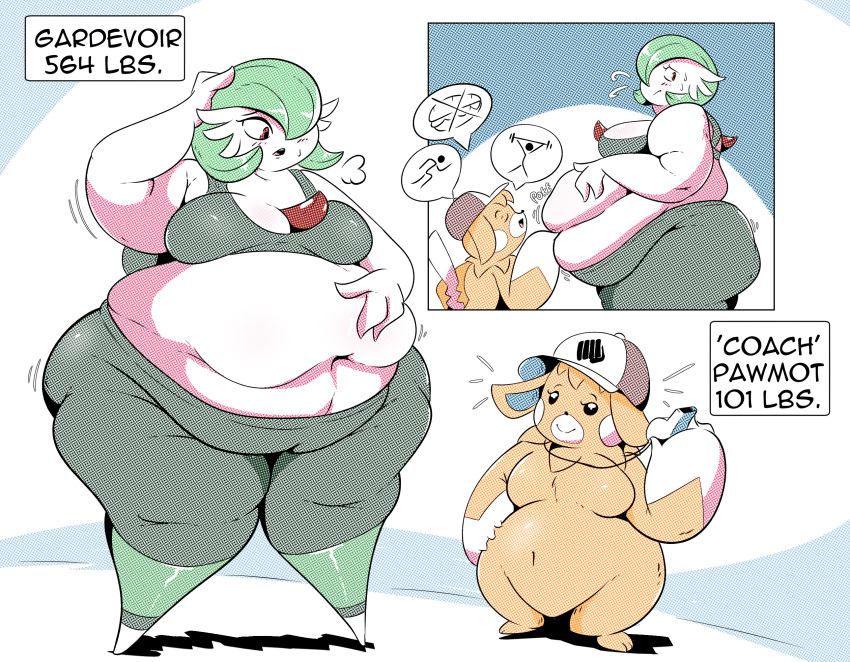 anthro belly big_belly big_breasts breasts clothing duo featureless_breasts female fur gardevoir generation_3_pokemon generation_9_pokemon green_hair hair hat headgear headwear hi_res huge_breasts huge_thighs humanoid larger_female navel nintendo obese obese_female one_eye_obstructed orange_body orange_fur overweight overweight_female pawmot pokemon pokemon_(species) size_difference smaller_female smile speech_bubble text thick_thighs veryfilthything white_body wide_hips