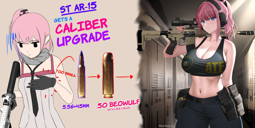 1girl ar-15 atf blue_eyes blue_pants blue_tank_top breasts bullet dgkamikaze english_text girls'_frontline grey_background gun highres holding holding_gun holding_weapon large_breasts logo_parody navel pants pink_hair rifle solo st_ar-15_(girls'_frontline) tank_top weapon