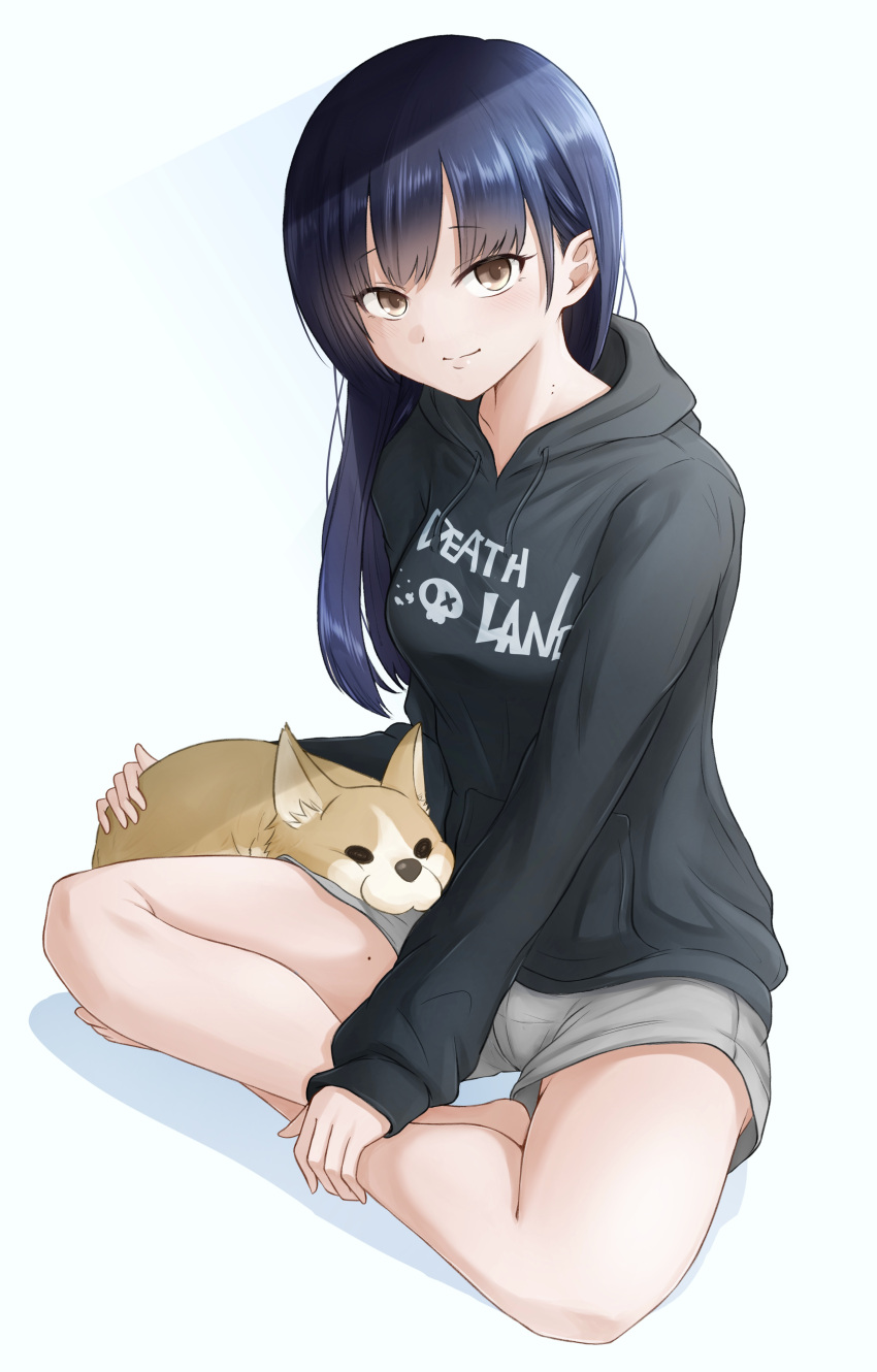 1girl absurdres black_hair black_hoodie boku_no_kokoro_no_yabai_yatsu brown_eyes closed_mouth dog grey_shorts highres hood hoodie long_hair looking_at_viewer mole mole_on_neck multiple_moles on_ground print_hoodie sacra_(sacrabokuyaba) shorts simple_background sitting smile solo white_background yamada_anna