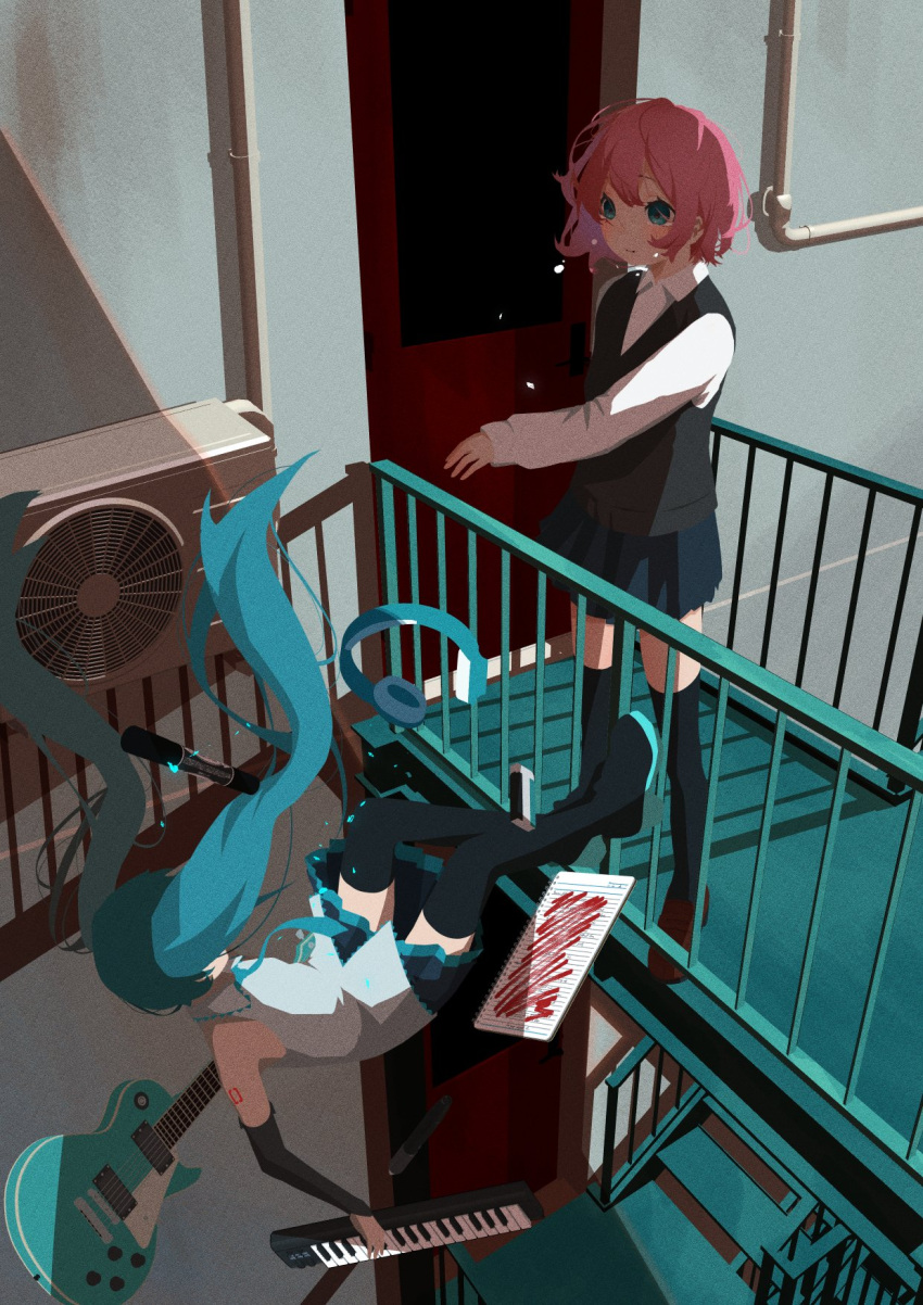 2girls apartment aqua_hair aqua_necktie balcony bare_shoulders black_skirt black_sleeves black_thighhighs black_vest blue_eyes blue_skirt commentary detached_sleeves door electric_fan electric_guitar falling grey_shirt guitar hatsune_miku headphones highres industrial_pipe instrument keyboard_(instrument) kneehighs long_hair mary_janes master_(vocaloid) microphone microphone_cord miniskirt multiple_girls necktie noranucoo notebook pink_hair pleated_skirt school_uniform shirt shoes shoulder_tattoo skirt sleeveless sleeveless_shirt socks stairs tattoo tears thighhighs twintails very_long_hair vest vocaloid white_shirt