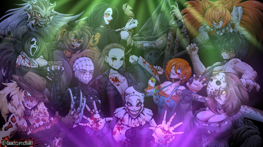 6+girls a_nightmare_on_elm_street absurdres art_the_clown bald bald_girl bishoujo_terror blonde_hair blood blood_on_clothes blood_on_face blood_on_hands blood_on_weapon breasts character_request child's_play chucky chucky_(kotobukiya_bishoujo) clown copyright_request crossover darkeclipticheart evil_grin evil_smile five_nights_at_freddy's freddy_fazbear freddy_krueger freddy_krueger_(bishoujo_terror) friday_the_13th genderswap genderswap_(mtf) ghostface green_eyes grin halloween halloween_(movie) hammer hellraiser highres holding holding_hammer holding_knife holding_weapon it_(stephen_king) jason_voorhees jason_voorhees_(kotobukiya_bishoujo) jeepers_creepers jigsaw_(character) knife kotobukiya_bishoujo large_breasts leatherface long_hair michael_myers michael_myers_(bishoujo_terror) multiple_girls pennywise pinhead pyramid_head red_eyes rubbing_nose saw_(movie) scream_(movie) shirt short_hair silent_hill_(series) smile the_creeper the_terrifier the_texas_chainsaw_massacre very_long_hair weapon yellow_eyes