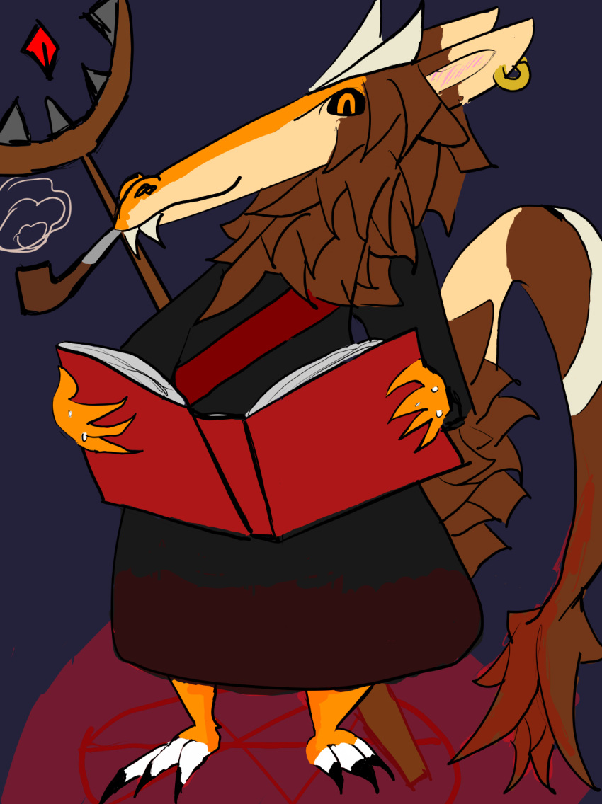 ambiguous_gender anthro book clothed clothing colored_sketch dragon ear_piercing hi_res magic_user piercing reading reading_book roi sketch smoking_pipe solo