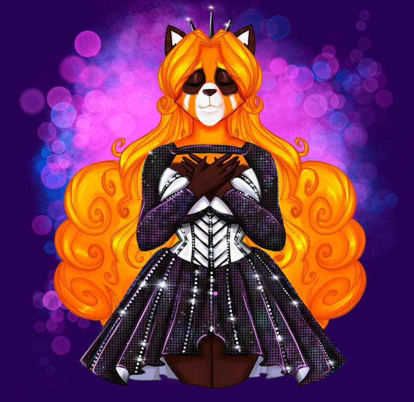 :3 absurd_res ailurid brown_body brown_fur clothing crown curled_hair dress eyes_closed female fur hair hands_on_own_chest headgear hi_res jane_seymour long_hair mammal orange_body orange_fur orange_hair queen red_panda royalty six_(musical) tiara vixcoon white_body white_fur