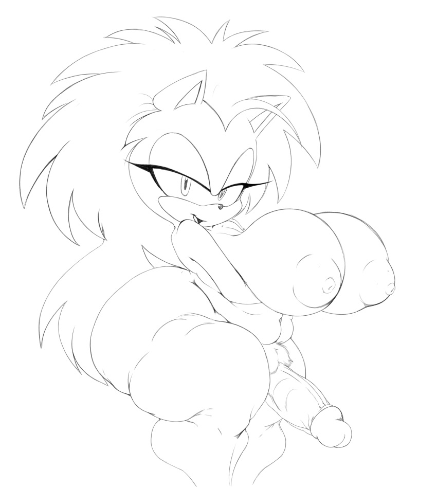 anthro balls big_balls big_breasts big_penis breasts chubby_female clothing eulipotyphlan genitals gynomorph hair hedgehog hi_res huge_breasts intersex legwear long_hair mammal monochrome penis queen_aleena_hedgehog raccoonshinobi sega solo sonic_the_hedgehog_(series) sonic_underground thick_thighs thigh_highs wide_hips