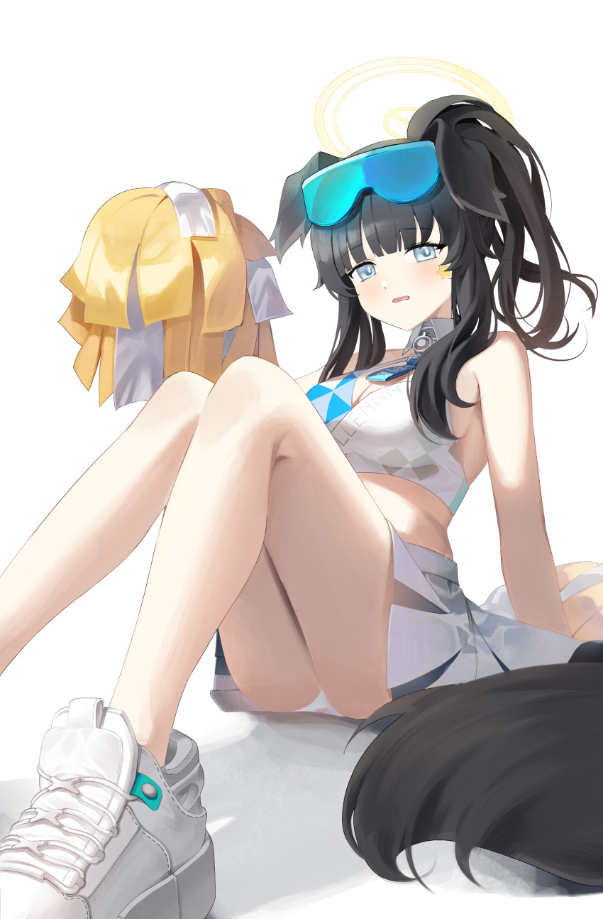 1girl absurdres animal_ears black_hair blue_archive blue_eyes cheerleader dog_ears halo hi_i_dubu hibiki_(blue_archive) hibiki_(cheer_squad)_(blue_archive) high_ponytail highres knees_up looking_at_viewer millennium_cheerleader_outfit_(blue_archive) panties parted_lips pom_pom_(clothes) shoes simple_background sitting skirt sneakers solo underwear white_background white_footwear white_panties white_skirt