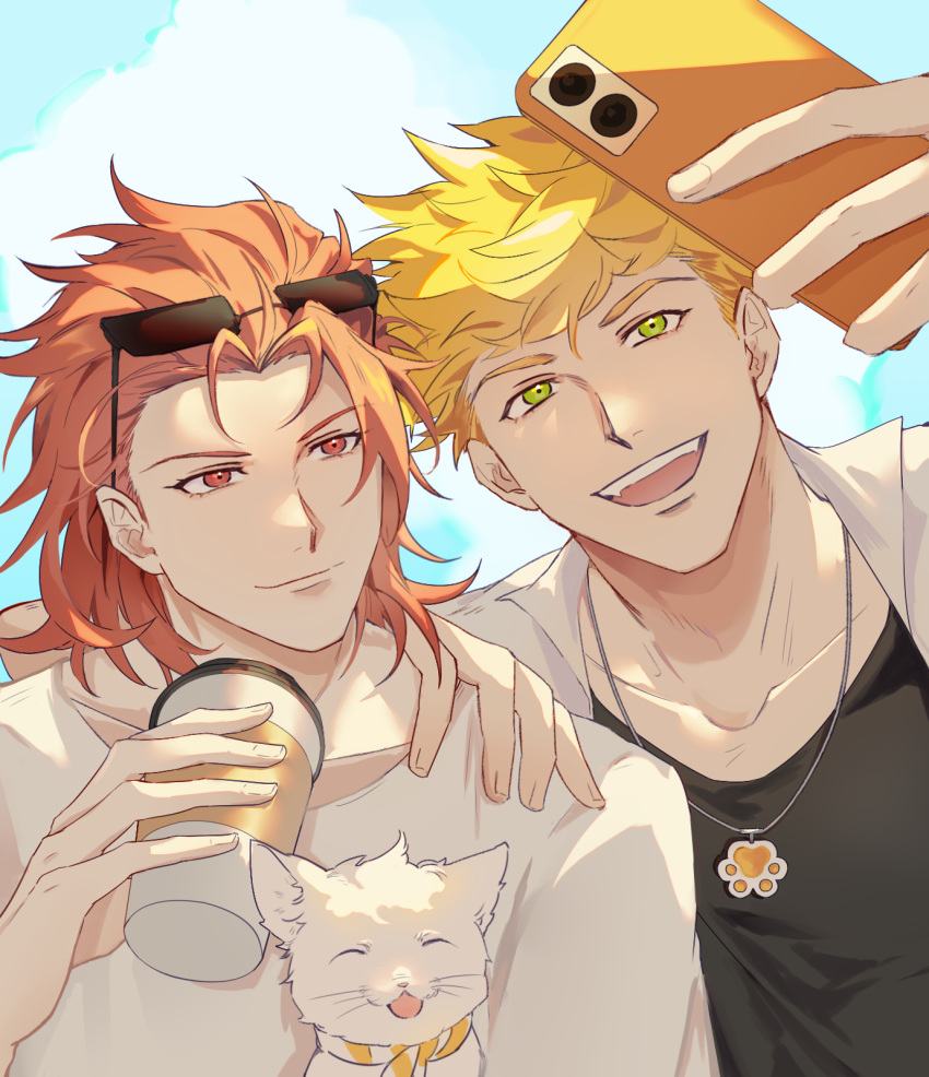 2boys animal black_tank_top blonde_hair cat closed_mouth cloud coffee_cup cup day disposable_cup eyewear_on_head granblue_fantasy green_eyes highres holding holding_cup holding_phone jewelry male_focus multiple_boys necklace open_clothes open_mouth open_shirt outdoors percival_(granblue_fantasy) phone red_eyes red_hair selfie shadow_skg shirt short_hair sky smile sunglasses tank_top upper_body vane_(granblue_fantasy) white_cat white_shirt