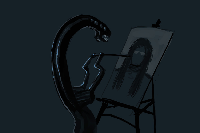 alien ambiguous_gender black_body brush canvas easel eyeless feral glistening glistening_body hi_res human long_neck mammal mandibles meandraco paintbrush painting painting_(object) semi-anthro simple_background solo