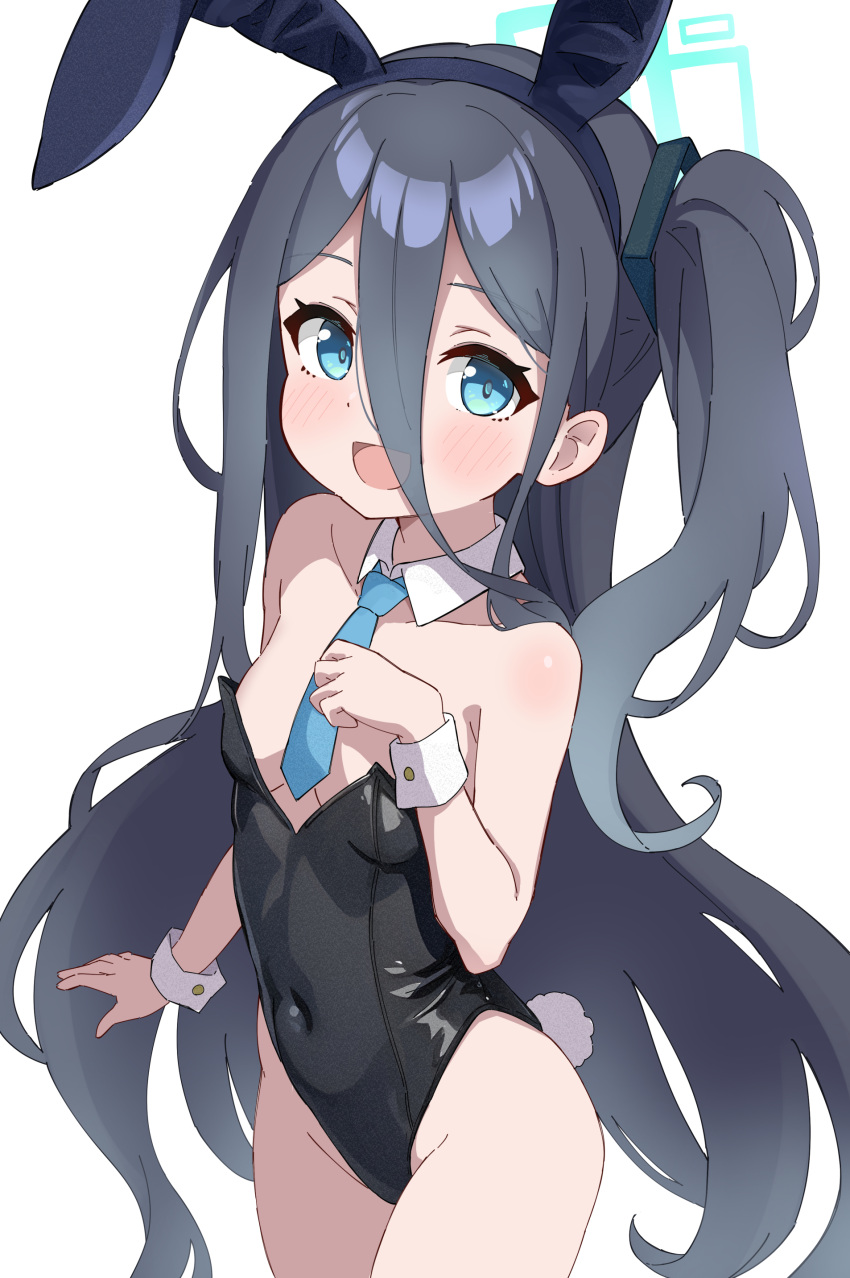 1girl :d absurdres animal_ears aris_(blue_archive) black_hair black_leotard blue_archive blue_eyes blue_necktie blush breasts commentary covered_navel detached_collar fake_animal_ears fake_tail groin hair_between_eyes hair_ornament halo hand_up highres leotard long_hair looking_at_viewer maud0239 necktie open_mouth playboy_bunny rabbit_ears rabbit_tail side_ponytail simple_background small_breasts smile solo strapless strapless_leotard tail very_long_hair white_background white_wrist_cuffs wrist_cuffs
