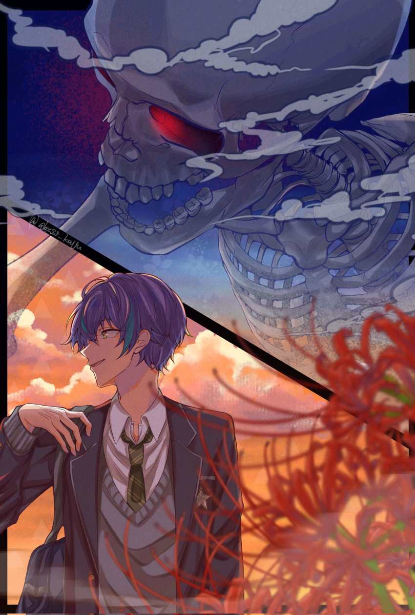 1boy abyss_kaiju bag blazer blue_hair bone cloud collared_shirt commentary_request diagonal-striped_necktie flower hand_up highres ichigo_ichie_na_hyakki_yagyou!?_(project_sekai) jacket kamishiro_rui lapels looking_to_the_side male_focus multicolored_hair notched_lapels official_alternate_costume official_alternate_hairstyle open_clothes open_collar open_jacket open_mouth project_sekai purple_hair school_bag school_uniform shirt short_hair skeleton skill streaked_hair sweater teeth twitter_username two-tone_hair yellow_eyes