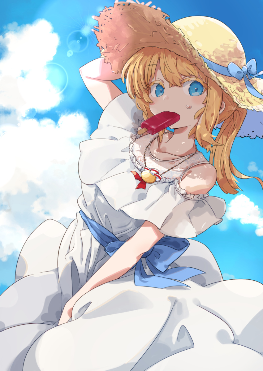 1girl blonde_hair blue_eyes blue_sky character_request cloud cloudy_sky commentary_request day dress food food_in_mouth hand_on_headwear hat highres indie_virtual_youtuber jewelry lens_flare long_hair necklace outdoors ponytail popsicle popsicle_in_mouth sky solo straw_hat totomono virtual_youtuber white_dress