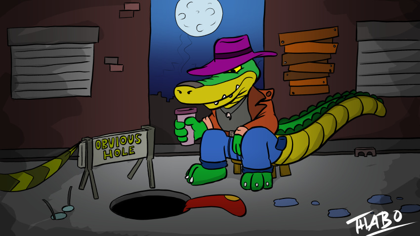 2023 3_toes absurd_res alligator alligatorid anthro biped bottomwear brok_(character) brok_the_investigator clothing crocodilian detailed_background feet green_body hat headgear headwear hi_res moon night outside pants reptile scalie shirt sitting solo thabomeerkat toes topwear