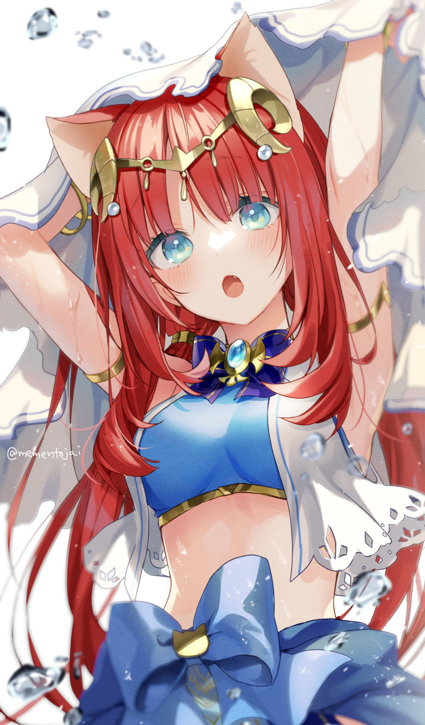 1girl absurdres armpits blue_bow blue_bowtie blue_eyes blue_gemstone blush bow bowtie breasts cowboy_shot crop_top dancer fang gem genshin_impact gold_trim harem_outfit highres jewelry long_hair looking_at_viewer medium_breasts memeno neck_ring nilou_(genshin_impact) open_mouth red_hair solo twitter_username veil white_headdress white_veil