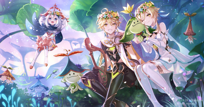 1boy 2girls aether_(genshin_impact) amaichi_esora aranara_(genshin_impact) blonde_hair blue_eyes closed_mouth dress genshin_impact gloves hair_between_eyes hair_ornament halo highres long_hair long_sleeves lyre multiple_girls one_eye_closed open_mouth paimon_(genshin_impact) smile thighhighs upper_body white_dress white_hair white_thighhighs yellow_eyes