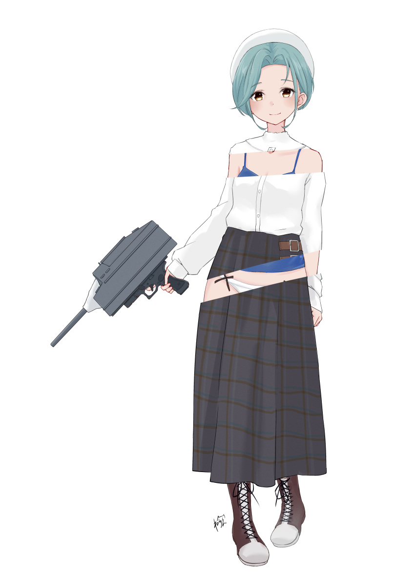 1girl absurdres adapted_turret beret black_skirt boots cannon cross-laced_footwear forehead grey_hair hat highres kantai_collection lace-up_boots long_skirt neve_(morris-minicooper) plaid plaid_skirt pleated_skirt shirt short_hair simple_background skirt solo standing swept_bangs tamanami_(kancolle) turret white_background white_headwear white_shirt x-ray yellow_eyes