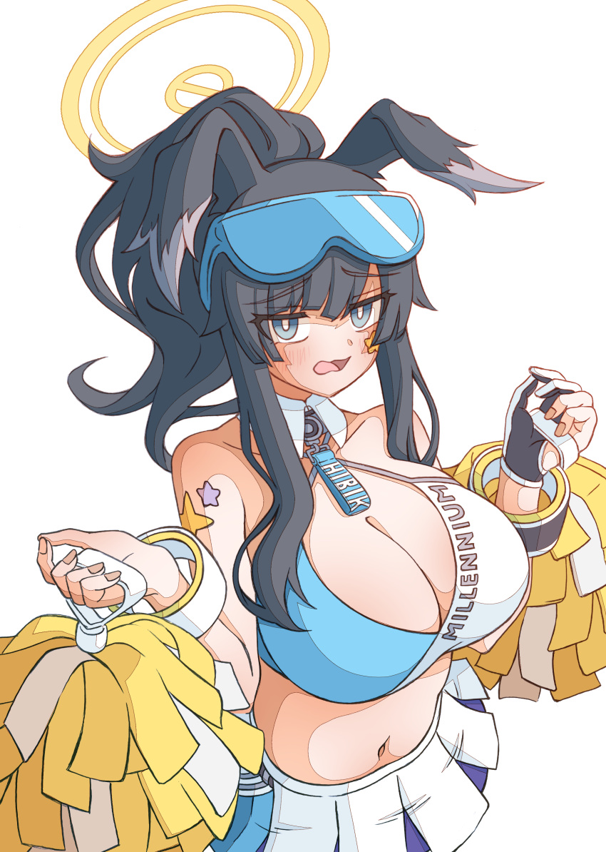 1girl absurdres animal_ears bare_arms bare_shoulders black_hair blue_archive blue_eyes blush border breasts cheerleader cleavage collar confetti criss-cross_halter crop_top detached_collar dog_ears dog_girl dog_tail eyewear_on_head goggles goggles_on_head halo halterneck hibiki_(blue_archive) hibiki_(cheer_squad)_(blue_archive) highres holding holding_pom_poms large_breasts looking_at_viewer millennium_cheerleader_outfit_(blue_archive) miniskirt navel official_alternate_costume parted_lips pleated_skirt pom_pom_(cheerleading) ponytail sidelocks skirt solo star_sticker sticker_on_face stomach sweat tail vann_nico3 white_border white_collar white_skirt yellow_halo