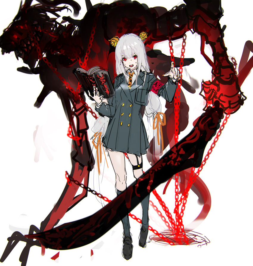 1girl armband book chain dress highres holding holding_book jack-o'-lantern loafers long_hair monster nail_polish original pumpkin red_eyes shoes sketch so-bin solo sweat sword thigh_strap uniform weapon white_background white_hair