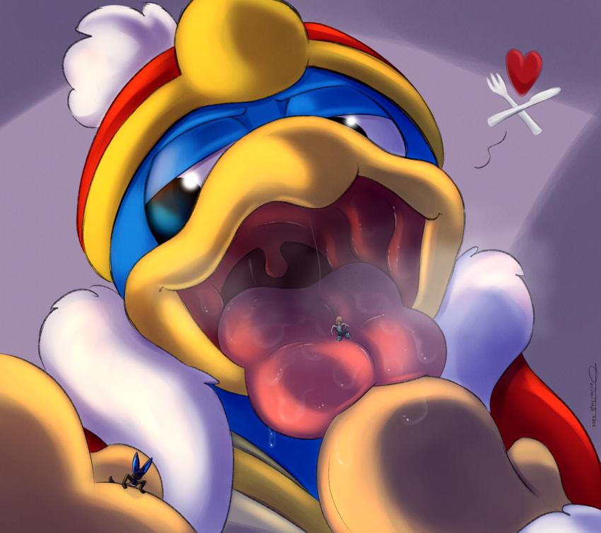 &lt;3 2022 anthro anthro_pred avian bat bird bodily_fluids digital_media_(artwork) eye_contact gaping_mouth group hi_res holding_micro human human_prey imminent_vore king_dedede kirby_(series) looking_at_another macro male mammal micro nintendo on_tongue open_mouth penguin saliva saliva_on_tongue saliva_string simple_background suddendraft trio uvula