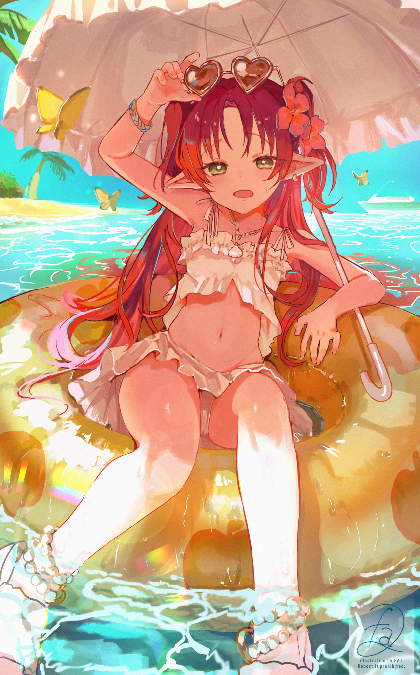 1girl absurdres adjusting_eyewear anklet apple_print arknights bare_legs bare_shoulders beach bead_anklet bikini bracelet bug butterfly coconut_tree commentary_request earrings eyewear_on_head fa2_(etu831) flower frilled_bikini frills green_eyes hair_flower hair_ornament heart heart-shaped_eyewear highres innertube jewelry long_hair myrtle_(arknights) myrtle_(summer_flowers)_(arknights) navel necklace open_mouth palm_tree parted_bangs pointy_ears red_hair sandals shell_necklace ship swimsuit tree umbrella very_long_hair watercraft white_bikini white_umbrella