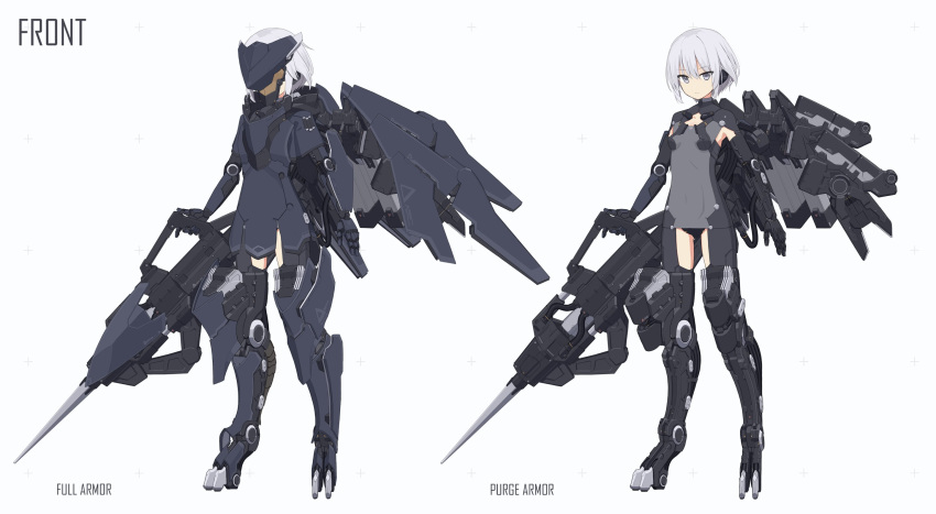 1girl armor arms_at_sides breasts digitigrade english_text expressionless full_body grey_eyes grey_hair head-mounted_display highres holding holding_weapon looking_at_viewer makadamixa mask mecha_musume mechanical_legs original pile_bunker science_fiction short_hair small_breasts standing weapon