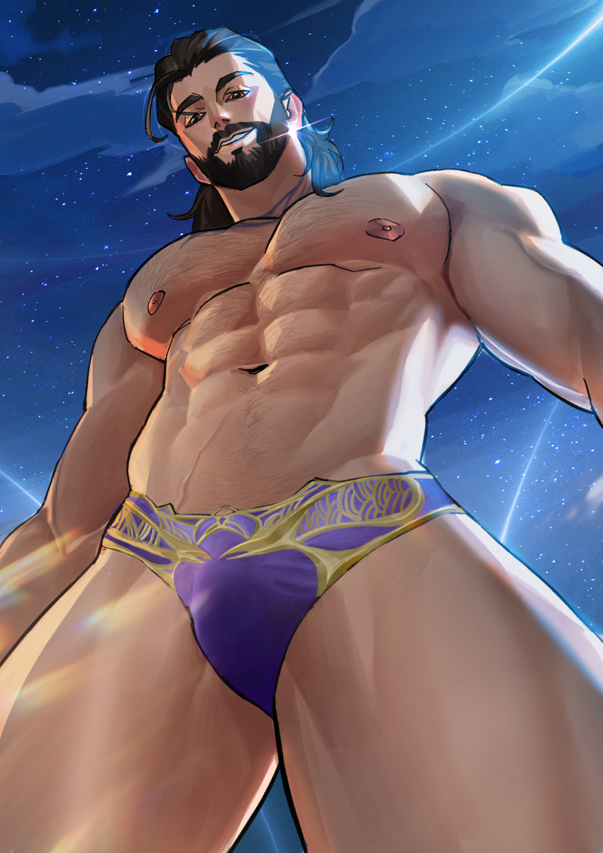 1boy abs baldur's_gate baldur's_gate_3 bara beard black_hair briefs bulge chest_hair crotch dungeons_and_dragons earrings facial_hair foreshortening from_below gale_(baldur's_gate) highres jewelry large_pectorals looking_at_viewer male_focus male_underwear mature_male medium_hair muscular muscular_male mustache navel navel_hair nipples parted_lips pectorals print_male_underwear purple_male_underwear seanhexiao seductive_smile sky smile star_(sky) starry_sky stomach thick_eyebrows thick_thighs thighs topless_male underwear