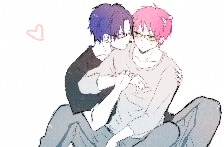 2boys blue_hair blush closed_mouth commentary_request dark_blue_hair glasses green-tinted_eyewear green_eyes hand_on_another's_shoulder headgear heart kuboyasu_aren long_sleeves looking_at_another male_focus multiple_boys pink_hair saiki_kusuo saiki_kusuo_no_psi_nan short_hair short_sleeves simple_background sitting sleeves_past_elbows tinted_eyewear unkopantu white_background yaoi