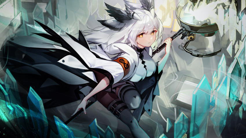 1girl absurdres arknights armband breasts bright_pupils closed_mouth coat crystal dress feather_hair highres holding holding_staff large_breasts leg_up long_hair long_sleeves looking_at_viewer open_clothes open_coat orange_eyes ptilopsis_(arknights) rhine_lab_logo ribiadan running solo staff thighhighs white_coat white_dress white_hair white_thighhighs