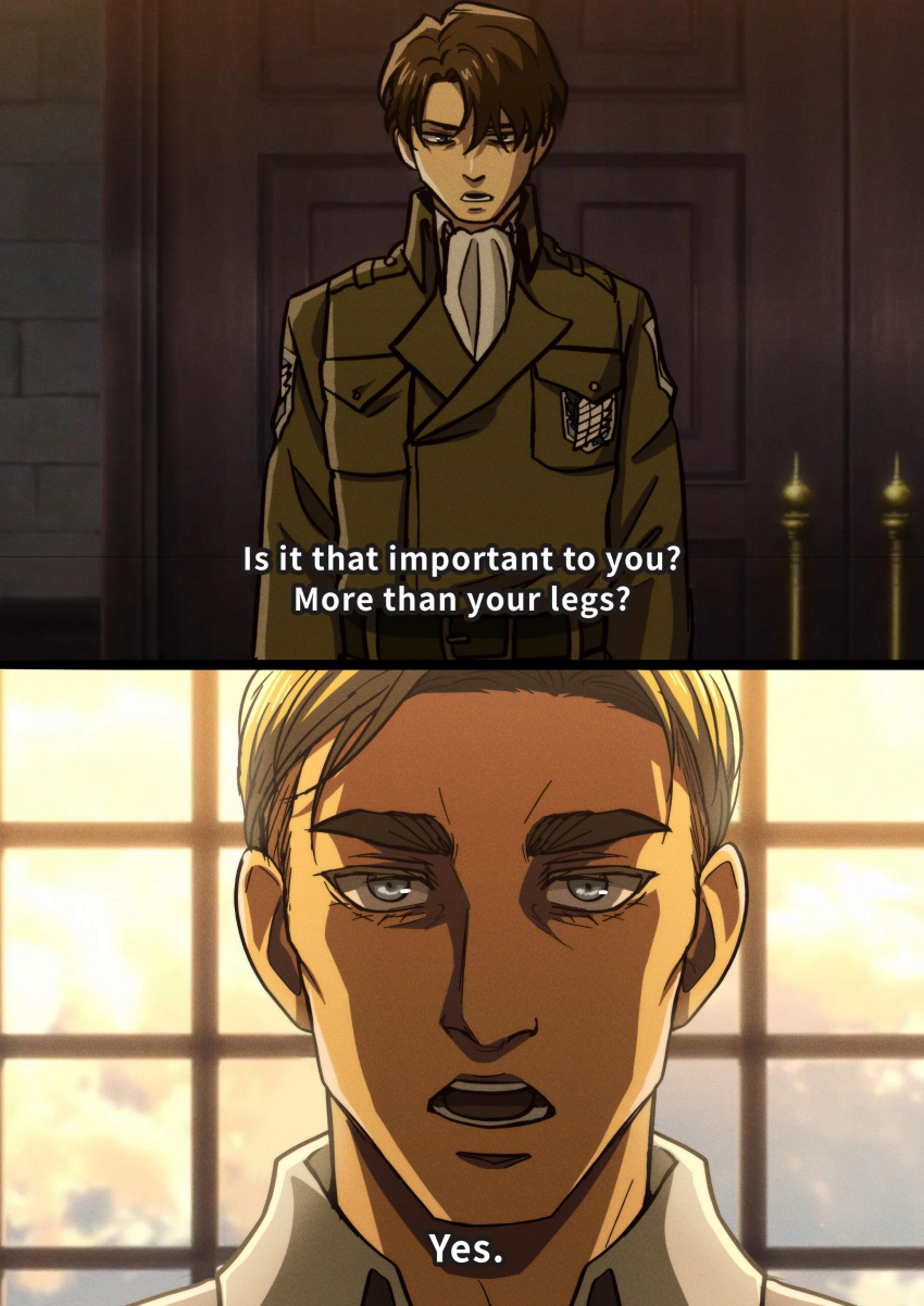 2boys absurdres anime_coloring blonde_hair blue_eyes english_text erwin_smith highres levi_(shingeki_no_kyojin) looking_at_viewer male_focus multiple_boys nakariiale paradis_military_uniform portrait screencap_background serious shingeki_no_kyojin short_hair split_screen subtitled survey_corps_(emblem) thick_eyebrows