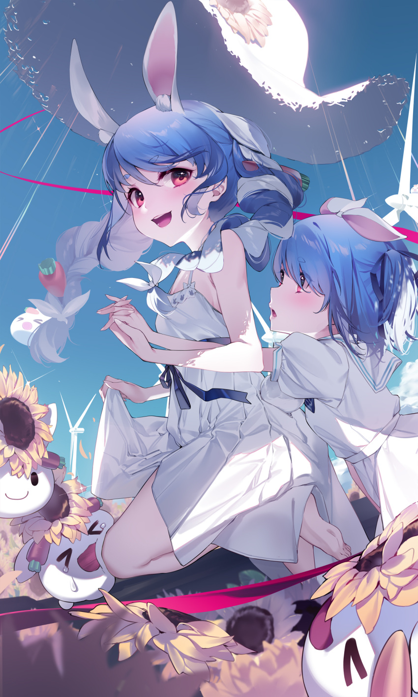 &gt;_&lt; 2girls :d absurdres animal_ear_fluff animal_ears bare_arms barefoot blue_hair blush braid carrot_hair_ornament dress dual_persona flower food-themed_hair_ornament hair_ornament highres holding_hands hololive long_hair multiple_girls nousagi_(usada_pekora) open_mouth rabbit_ears red_eyes skirt_hold sleeveless sleeveless_dress smile sunflower thick_eyebrows twin_braids usada_pekora virtual_youtuber white_dress white_hair xd yaguo yellow_flower