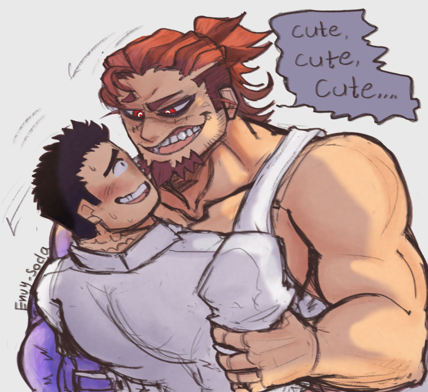 2boys bags_under_eyes bara blush boogeyman_(housamo) brown_hair colored_skin crazy_eyes crazy_smile english_text envysoda eye_contact facial_hair from_side goatee highres large_pectorals leaning_on_person long_sideburns looking_at_another male_focus mature_male multicolored_hair multiple_boys muscular muscular_male pectorals protagonist_3_(housamo) purple_skin scar scar_on_face short_hair sideburns sideburns_stubble sidepec tank_top teeth thick_eyebrows tokyo_afterschool_summoners two-tone_hair upper_teeth_only white_tank_top yaoi