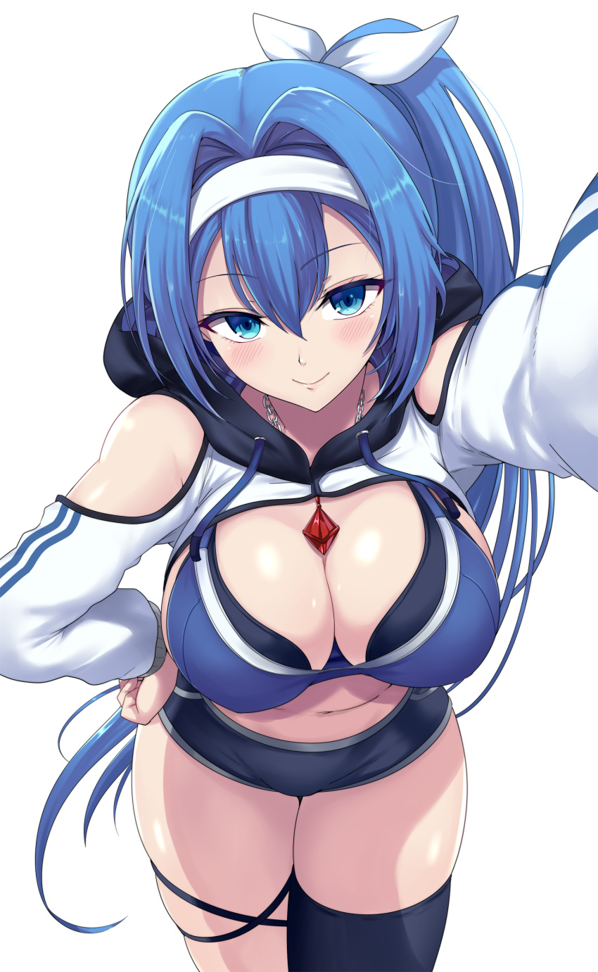 1girl absurdres alyssa_(specktech) blue_eyes blue_hair blush breasts cleavage commentary_request commission highres jewelry kabedon kasai_shin large_breasts long_hair looking_at_viewer necklace original pixiv_commission ponytail simple_background smile solo sports_bra sportswear thick_thighs thigh_strap thighhighs thighs white_background