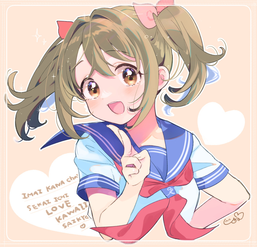 1girl blue_sailor_collar blush bow breasts brown_background brown_eyes brown_hair character_name cropped_torso dot_nose hair_bow hair_ribbon hand_on_own_hip hand_up heart highres idolmaster idolmaster_cinderella_girls idolmaster_cinderella_girls_starlight_stage imai_kana index_finger_raised jamu long_hair looking_at_viewer medium_breasts neckerchief open_mouth pink_ribbon red_neckerchief ribbon sailor_collar school_uniform serafuku shirt short_sleeves signature smile solo sparkle teeth twintails upper_body upper_teeth_only white_shirt