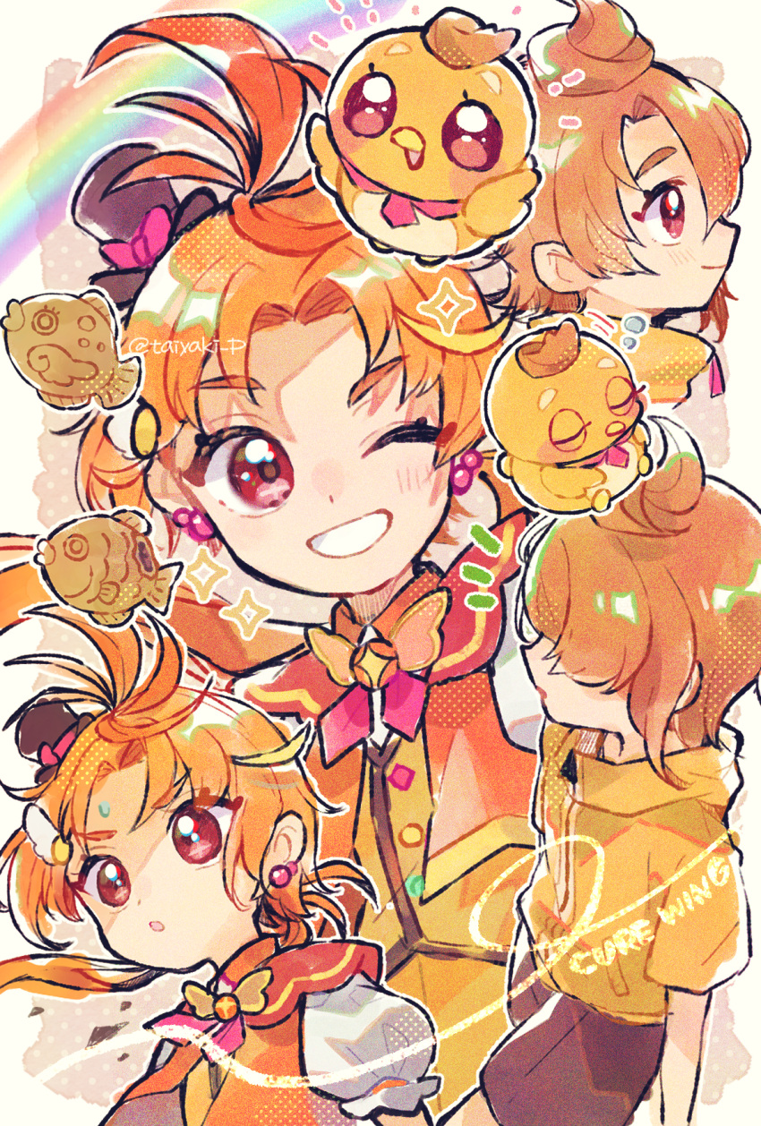 1boy androgynous brown_hair brown_shorts character_name cure_wing doradorakingyo earrings eyelashes food grin hat highres hirogaru_sky!_precure jewelry magical_boy male_focus mini_hat multiple_views neckerchief one_eye_closed orange_hair precure puffy_sleeves rainbow red_eyes shirt shorts smile sparkle taiyaki wagashi yellow_shirt yuunagi_tsubasa yuunagi_tsubasa_(bird)