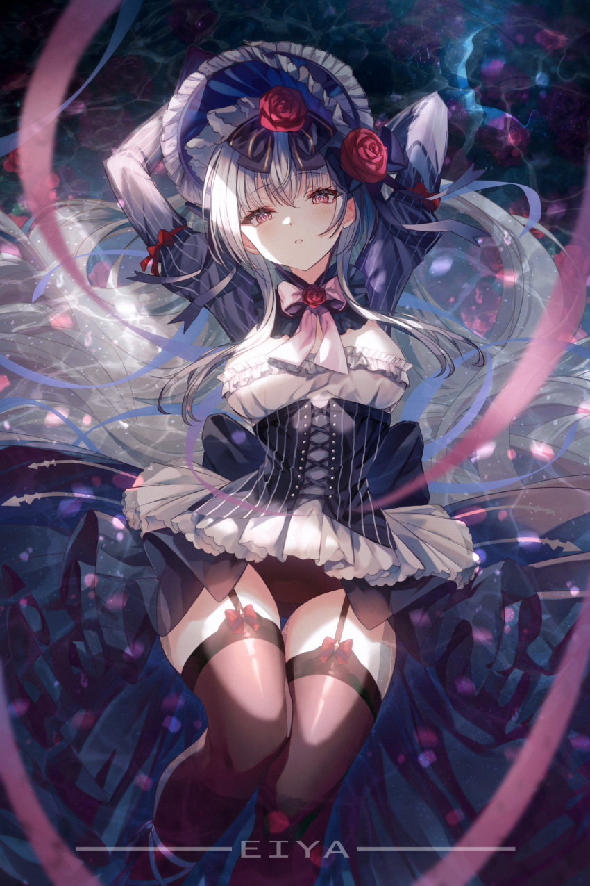 1girl 7_n arms_behind_back arms_up black_bow black_corset black_garter_straps black_panties black_thighhighs blurry bow bowtie breasts chinese_commentary commentary_request corset depth_of_field feet_out_of_frame floating_hair flower frilled_hat frills garter_straps gothic_lolita hair_behind_ear hair_between_eyes hair_bow hair_flower hair_ornament hat high-low_skirt highres juliet_sleeves light_blush lolita_fashion long_hair long_skirt long_sleeves looking_at_viewer medium_breasts panties pantyshot parted_lips pink_bow pink_bowtie pinstripe_pattern puffy_sleeves red_bow red_eyes red_flower red_rose riven_(sennen_sensou_aigis) rose sennen_sensou_aigis shade skirt solo striped thigh_gap thighhighs thighs underwear very_long_hair waist_bow white_hair wide_hips