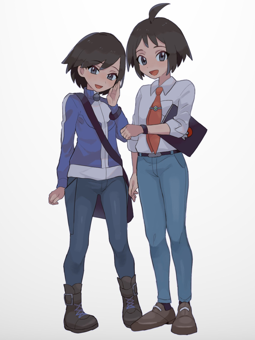 2boys :d ahoge belt belt_buckle black_bag black_belt blue_jacket boots brown_footwear buckle calem_(pokemon) cheren_(pokemon) collared_shirt commentary_request grey_eyes hand_up highres jacket long_sleeves male_focus multiple_boys necktie open_mouth pokemon pokemon_(game) pokemon_bw2 pokemon_xy sana_(37pisana) shirt shoes short_hair simple_background skinny_jeans sleeves_rolled_up smile tie_clip turtleneck turtleneck_jacket white_background white_shirt