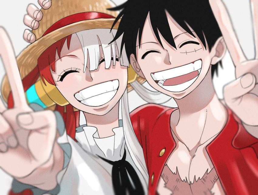 1boy 1girl black_hair black_ribbon blush closed_eyes commentary_request hair_rings hand_on_headwear hat headphones highres kotaa long_hair monkey_d._luffy multicolored_hair one_piece one_piece_film:_red open_clothes open_mouth red_hair red_shirt ribbon scar scar_on_cheek scar_on_chest scar_on_face shirt short_hair smile split-color_hair straw_hat teeth twintails two-tone_hair uta_(one_piece) v white_hair