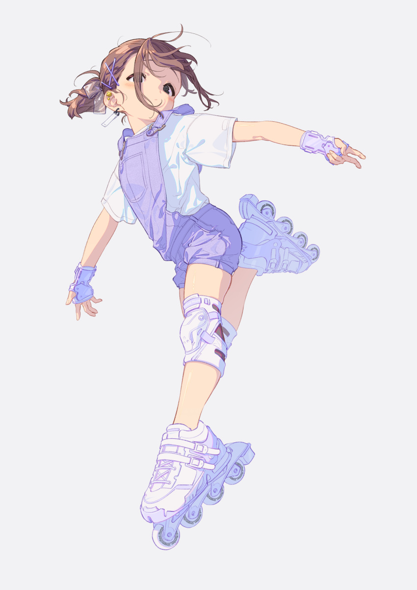 1girl absurdres adobe_illustrator_(medium) black_eyes brown_hair clip_studio_paint_(medium) closed_mouth cross-laced_footwear dated earrings fingerless_gloves flat_chest floating_hair full_body gloves goshichi_shoji grey_background hair_ornament highres inline_skates jewelry knee_pads original overall_shorts overalls purple_footwear purple_gloves purple_overalls roller_skates see-through shirt shoes short_ponytail short_sleeves skates solo white_shirt x_hair_ornament zipper