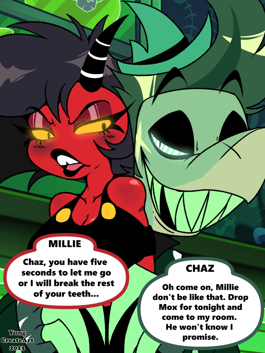 absurd_res anthro black_hair blush breasts chaz_(helluva_boss) claws demon demon_humanoid dialogue duo female fish green_body green_hair hair helluva_boss hi_res horn humanoid humanoid_on_anthro imp male male/female marine millie_(helluva_boss) open_mouth open_smile red_body shark sharp_claws sharp_teeth smile speech_bubble tail teeth yungcreate